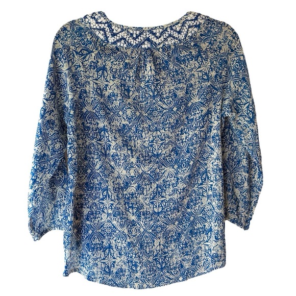 LUCKY BRAND NWOT EMBROIDERED BLUE PEASANT BLOUSE BOHO TIE FRONT 3/4 SLEEVE | SM - Picture 6 of 9